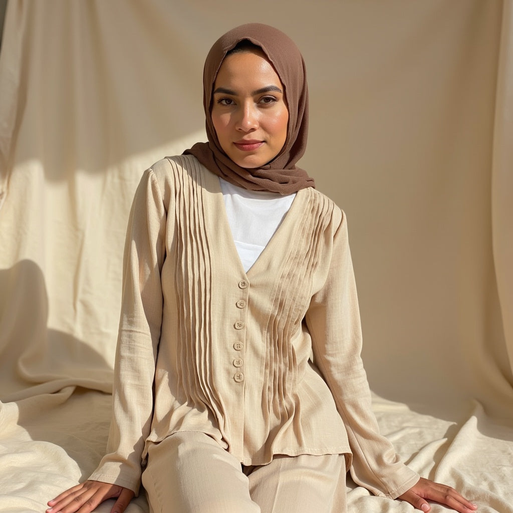 Galini Linen Pleated V-Neck Blouse - Modest & Long-Sleeved Elegance